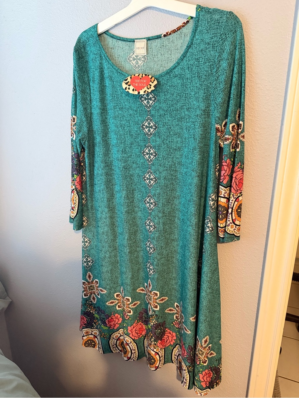 Hershe Tee for the Soul ,Turquoise Floral Border casual women’s Dress
